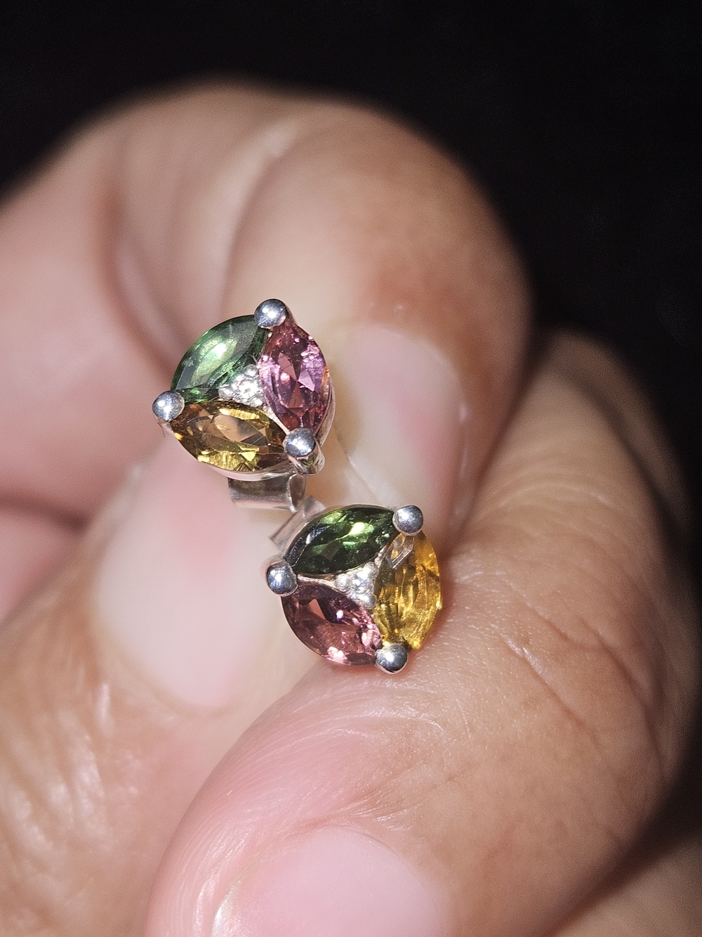 925S Multicolor Tourmaline Trio Stud Earrings - Women Jewelry